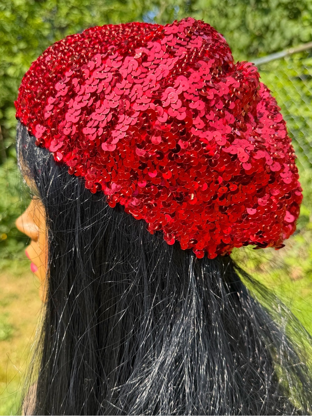 1970s RED SEQUINED HAT Sparkly Vintage Disco Beret Stretchy Party Glam Sequin